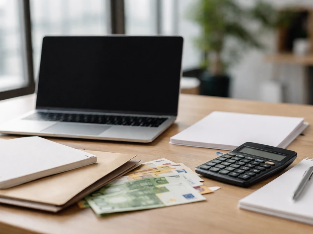 Calculator, laptop, and euro notes on a minimal office desk suggesting a financial stake cross-check.