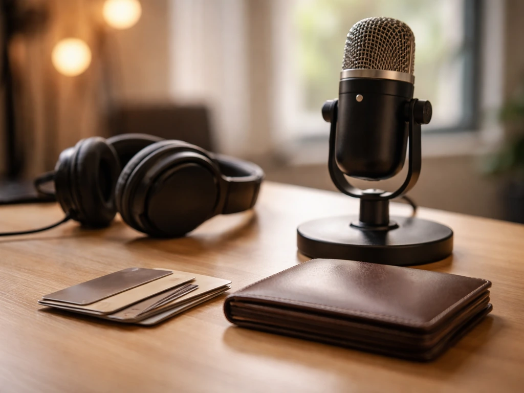 Minimal photo of a quiet studio desk with a microphone and bank-card-like objects symbolizing an actress’s net worth ana