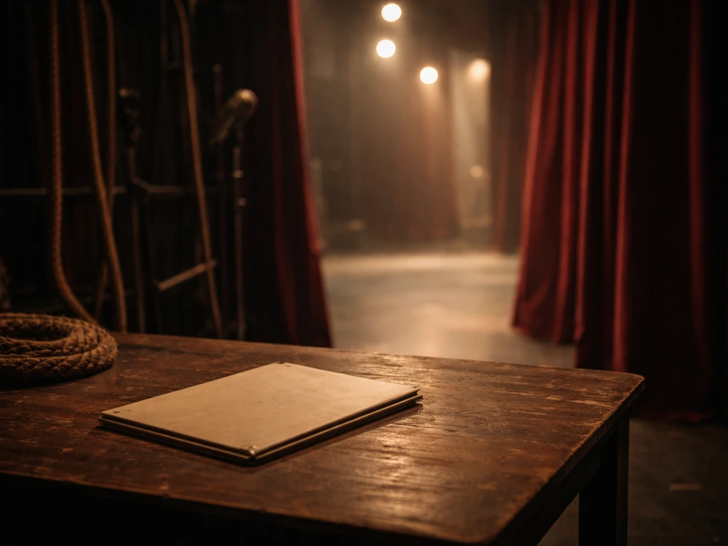 Grainy 1970s UK theatre backstage scene with a single closed playbill folder on a wooden table