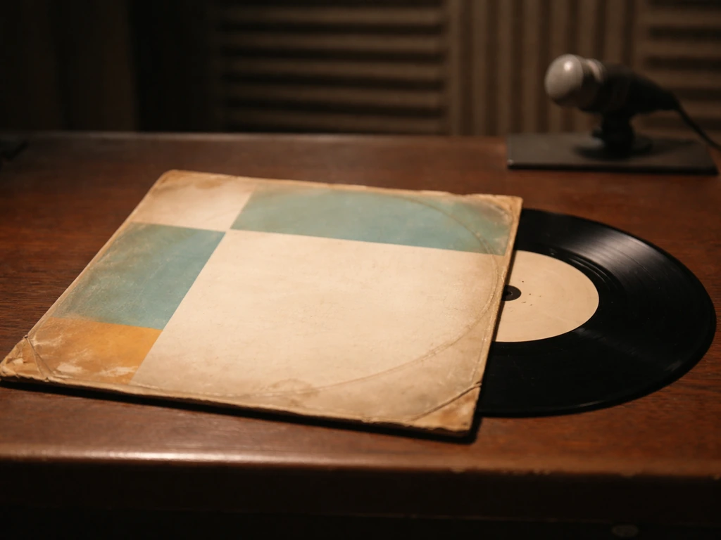 Close-up of a vintage 1960s vinyl record sleeve and vinyl on a studio desk, hinting at a traceable music credit.