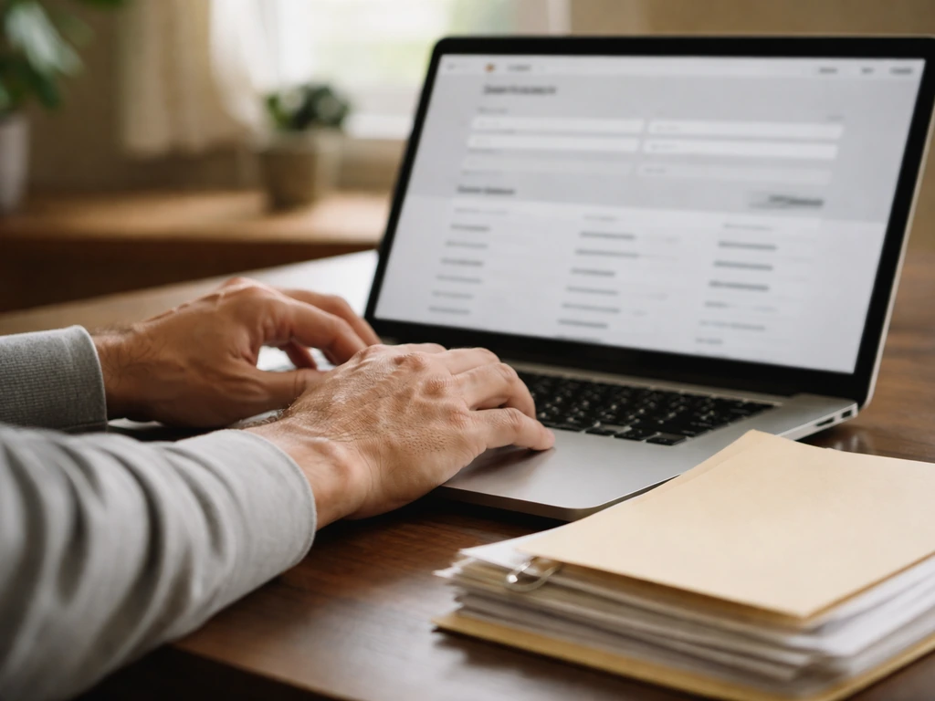 Close-up of hands searching a laptop for England and Wales probate records, with a legal folder nearby