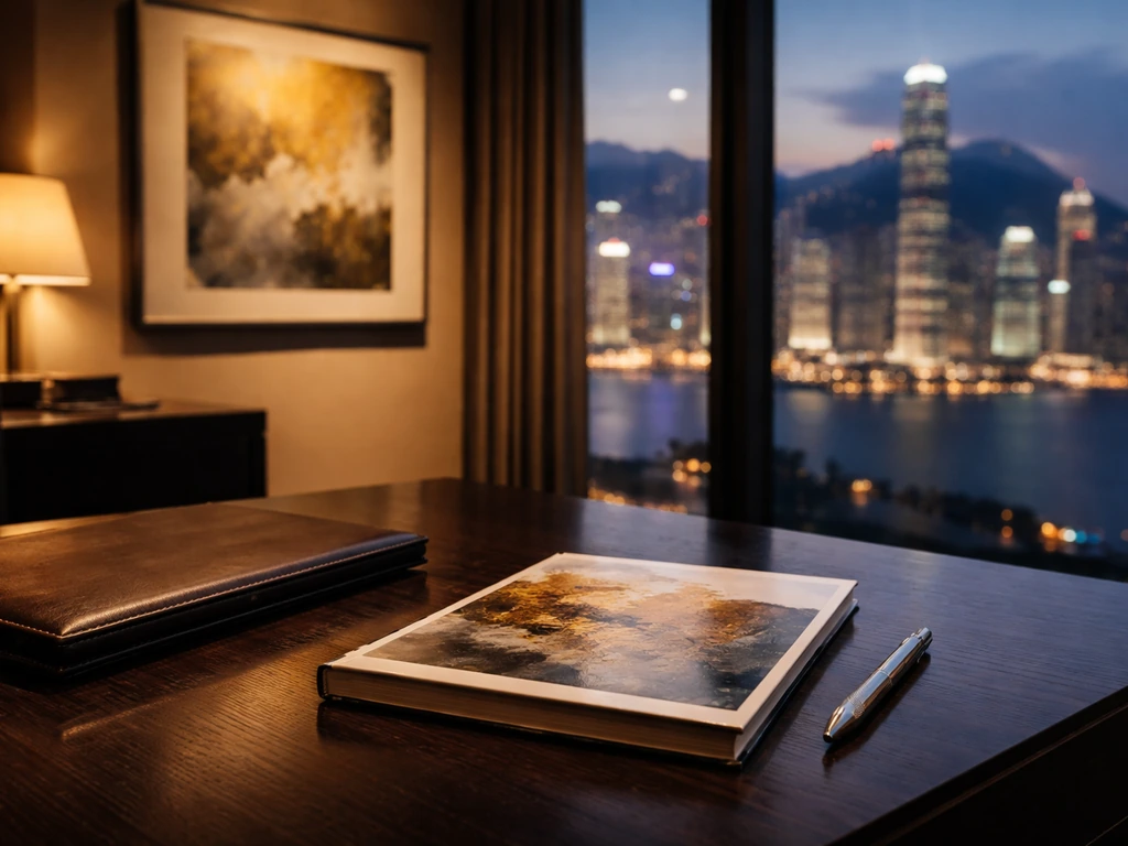 Minimal luxury desk with art catalog and blurred Hong Kong skyline at dusk, symbolizing wealth and art.