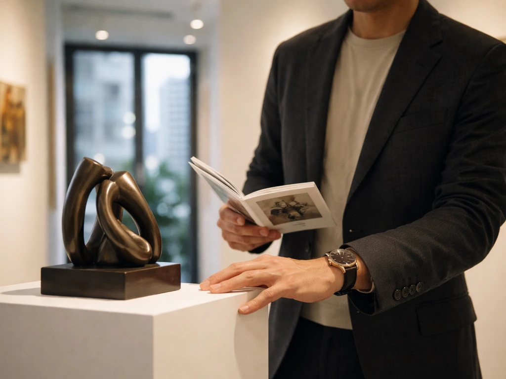 Anonymous art collector in a minimalist Hong Kong gallery, near modern abstract sculpture and open doorway light.