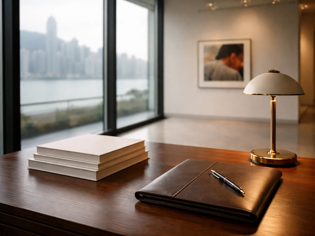 Luxury art gallery interior with subtle wealth cues and a businessman’s desk setup in soft natural light