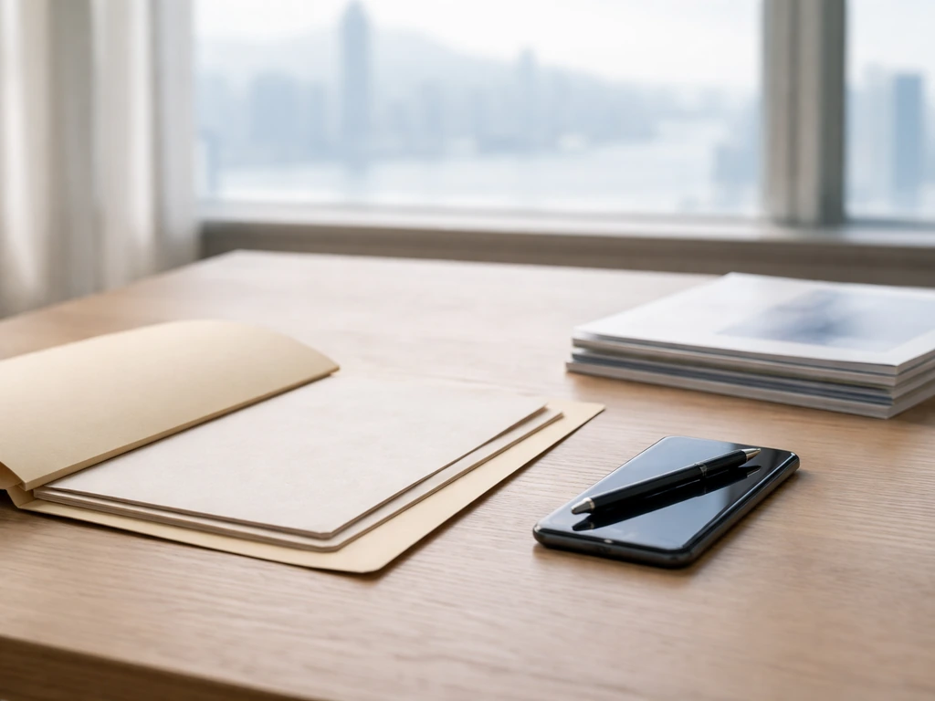 Minimal desk with open folder and business reports for checking credible company filings, no text visible.