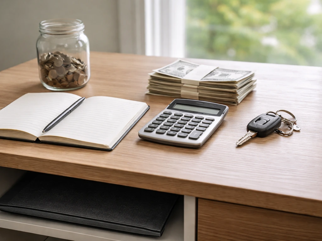 Minimal desk scene with calculator, cash envelopes, coins jar, and folder suggesting assets and liabilities