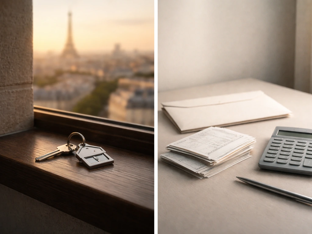 Minimal split scene: Paris skyline with apartment keys versus a tax-themed envelope and office receipts.