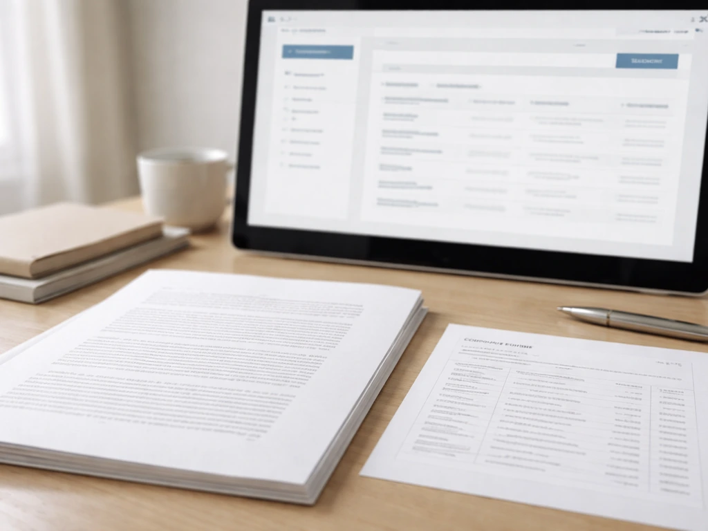 Desk photo showing open verification documents and a generic filing portal screen with no readable text.