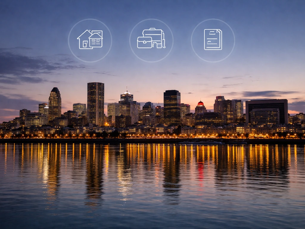 Montreal skyline at dusk with faint registry-style icons signaling sources for net-worth estimation.