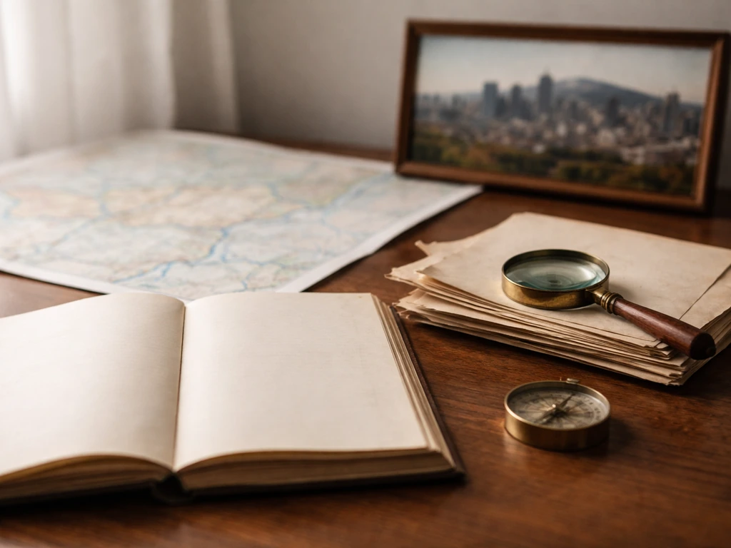 Handwritten family-name note beside an old Montreal directory and compass on a desk