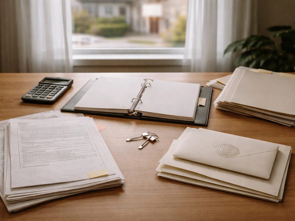 Minimal desk scene with blank documents, calculator, and paperwork symbolizing net-worth estimation.