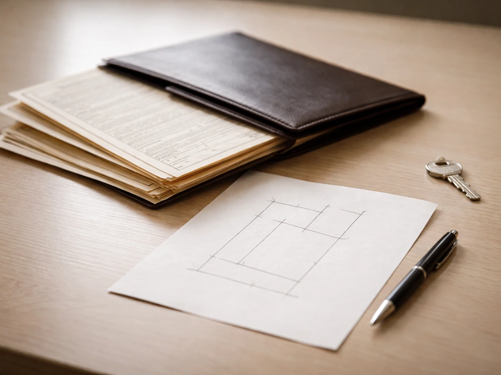 Close-up of mortgage-style documents and a property lot sketch on a desk, symbolizing real estate equity records