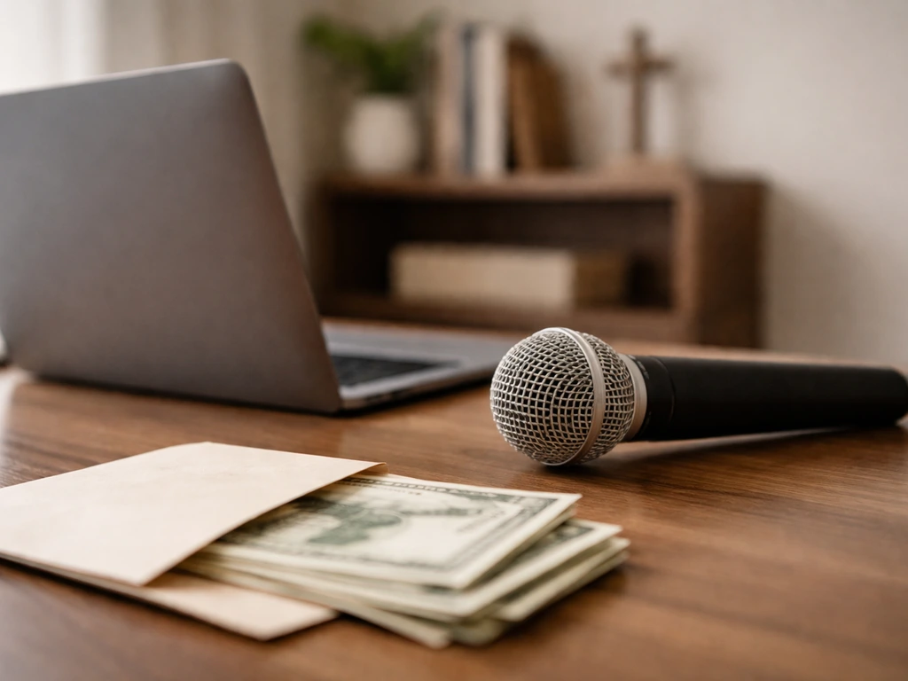 Close view of a pastor’s microphone in a quiet study beside a cash envelope and laptop, symbolic of net worth analysis