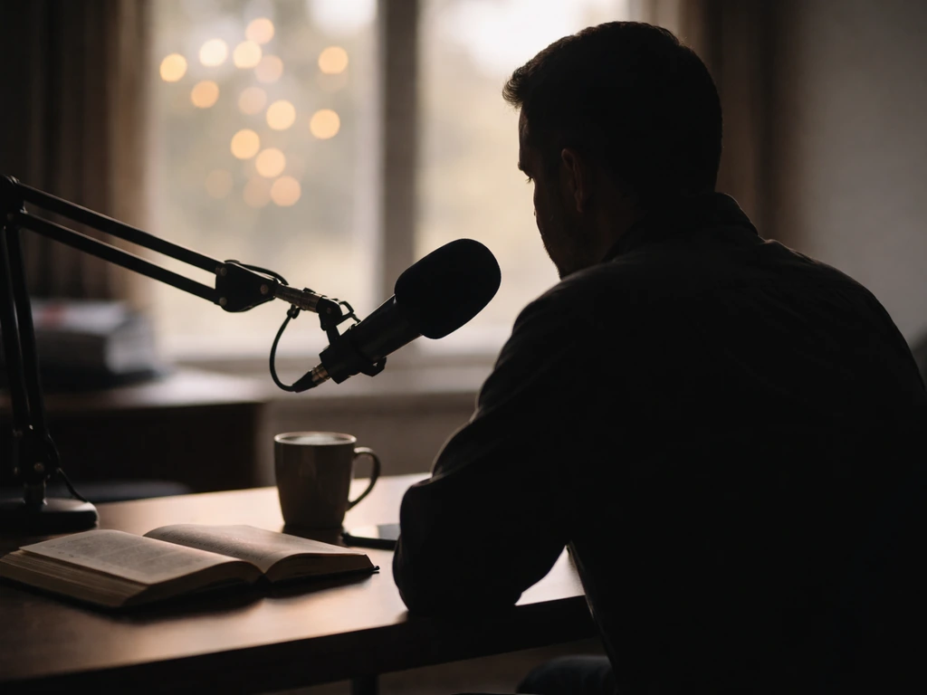 Anonymous figure at a desk in a ministry studio, speaking into a microphone with a Bible nearby.