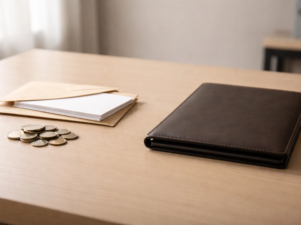 Minimal photo of a money ledger folder and a dark envelope on a desk symbolizing assets minus liabilities.