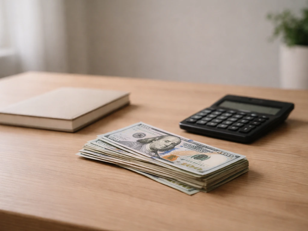 Simple office desk with cash and a closed notebook beside a calculator, suggesting income and assets analysis.