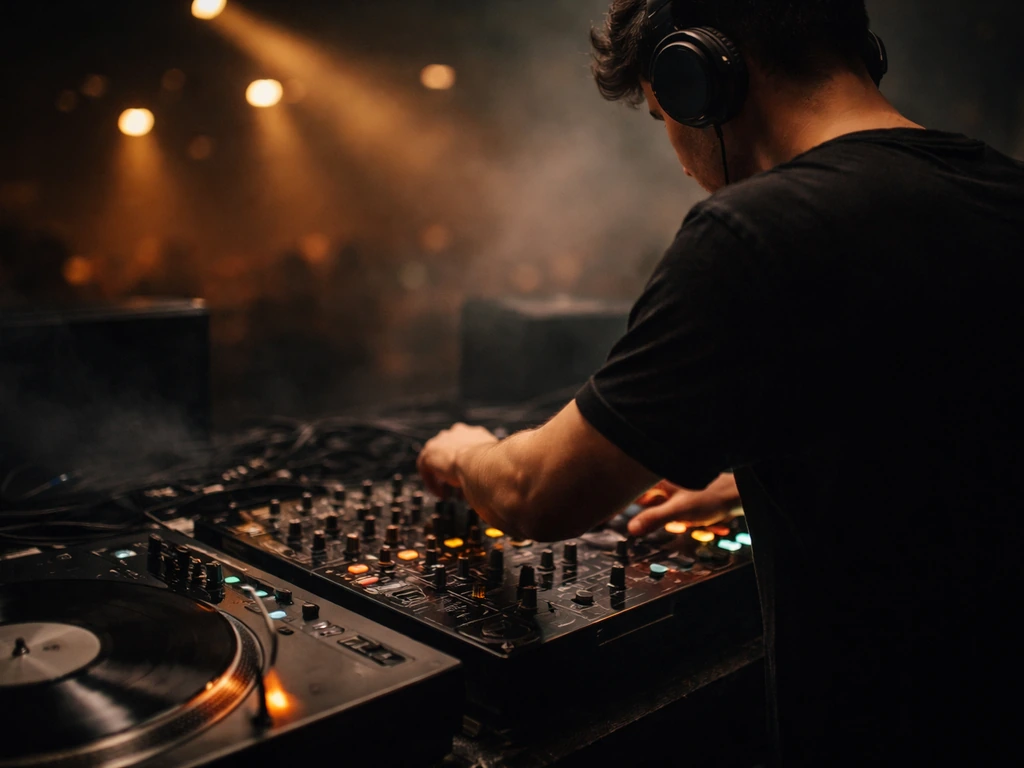 Anonymous DJ mixing records on a nightclub booth with warm lights, suggesting music-driven wealth.