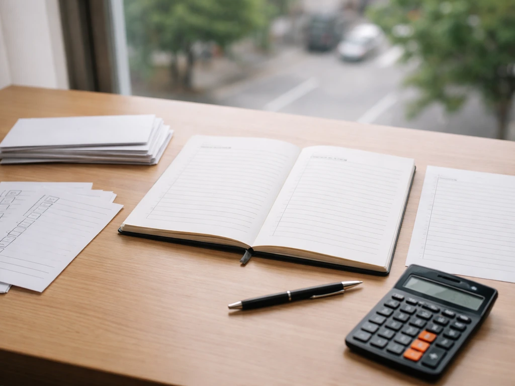 Minimal desk scene with an assets-vs-liabilities ledger, calculator, and blank checklist forms for net-worth estimation.