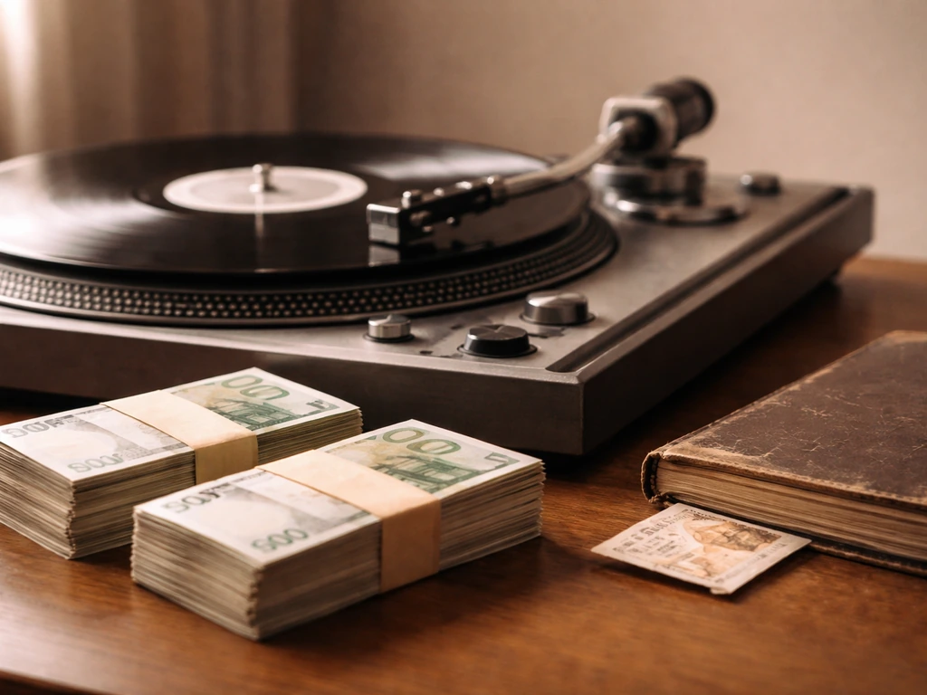 Minimal photo of a record turntable beside cash and a worn ticket stub in soft natural light.