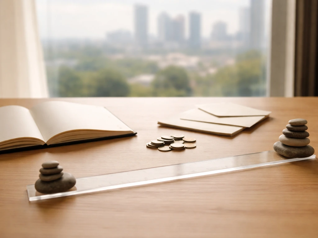 Minimal desk scene with coins, acrylic ruler, and stone stacks suggesting a lower-to-higher net worth range.