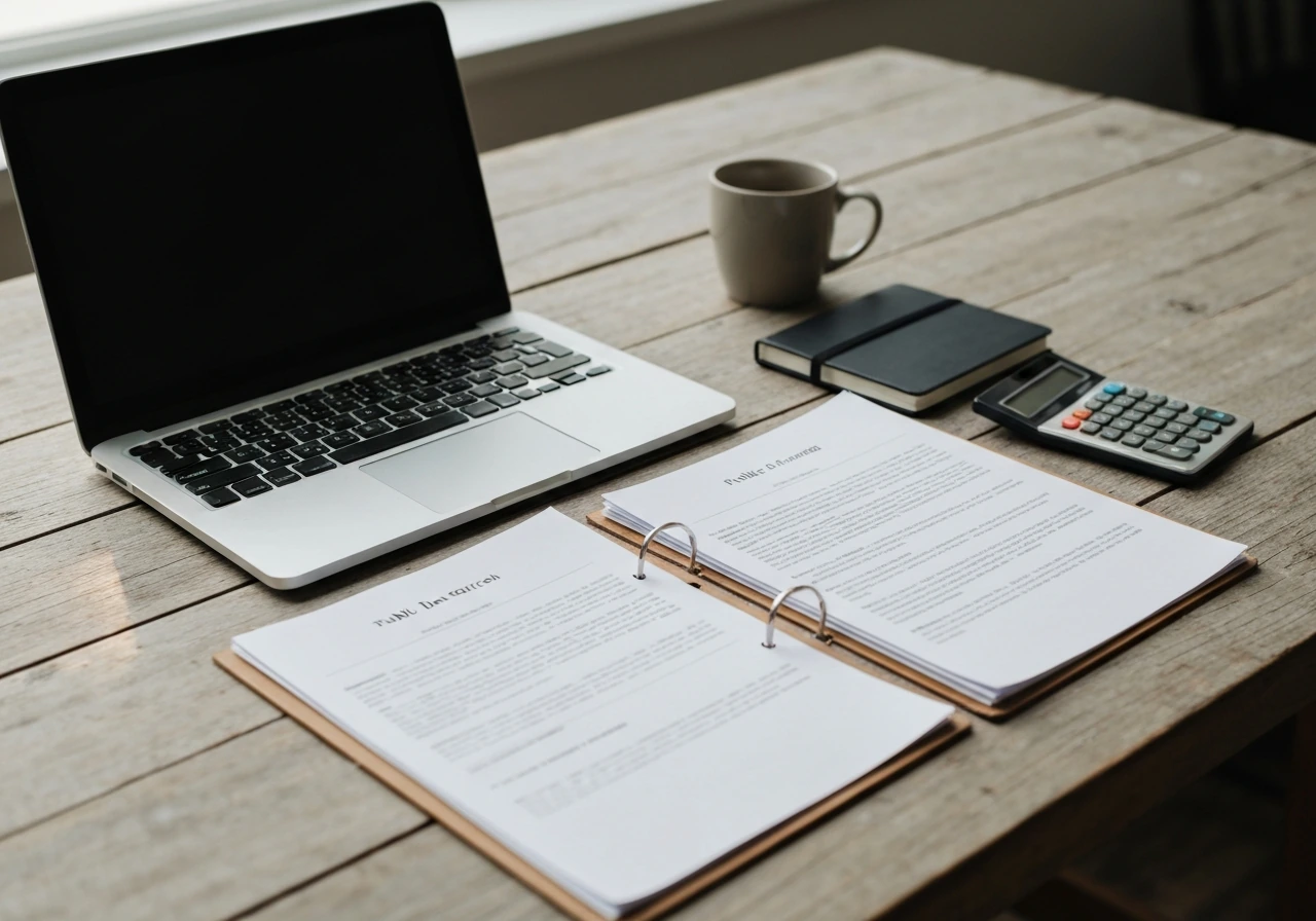Minimal photo of a desk with a laptop and multiple paper documents, suggesting triangulating public data sources.