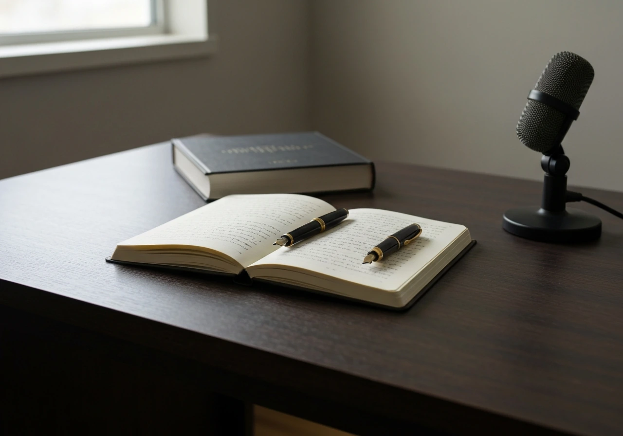 Minimal desk scene with open notebook, pen, book, and a small microphone suggesting screenwriting work.