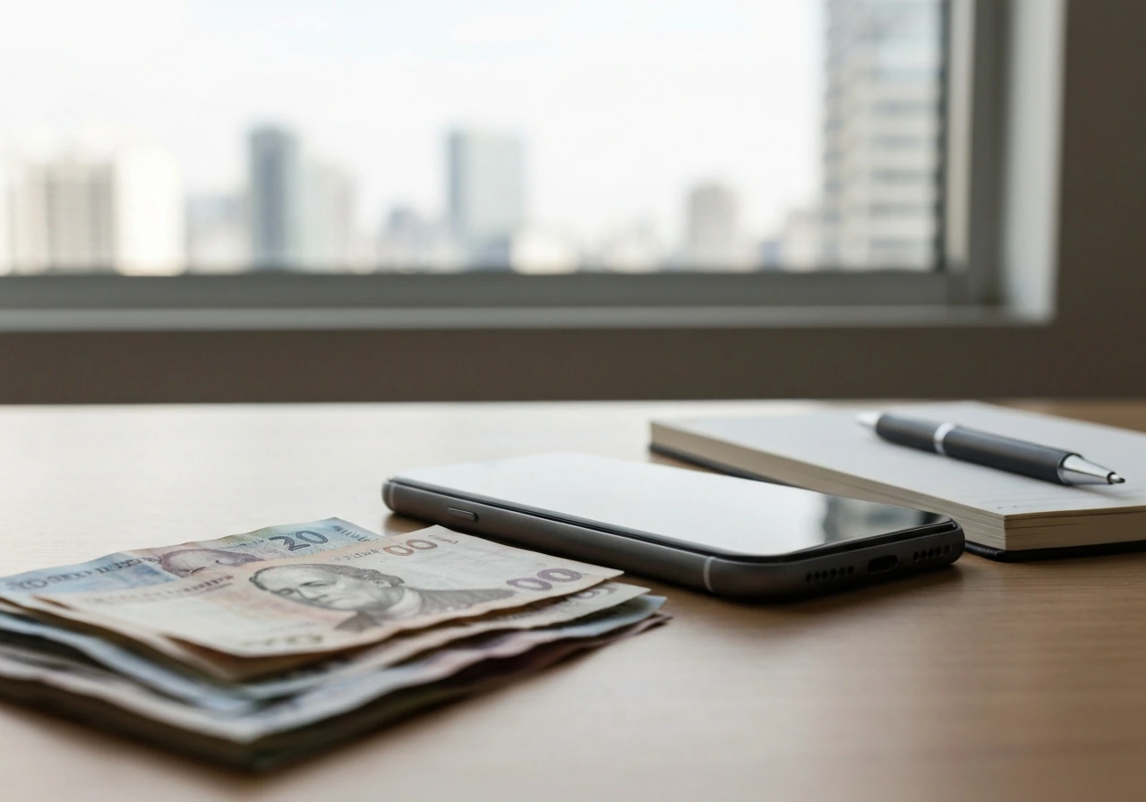Minimal desk with mixed currency, a phone, and notebook near a window, symbolizing net worth estimates and assumptions.