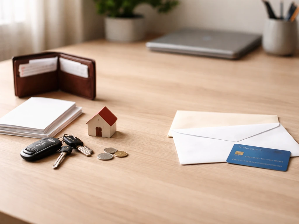 Minimal desk scene with objects split to suggest assets vs liabilities for wealth definition.