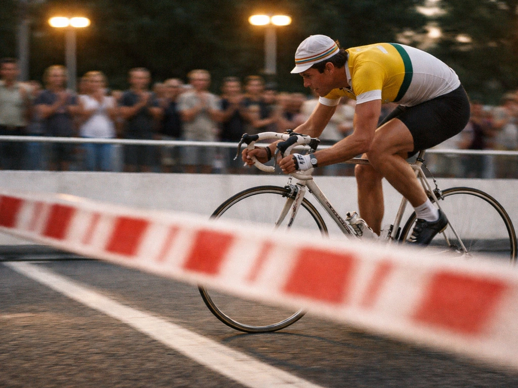 Cyclist in vintage Tour de France moment at the finish, cheering crowd, archival film look.