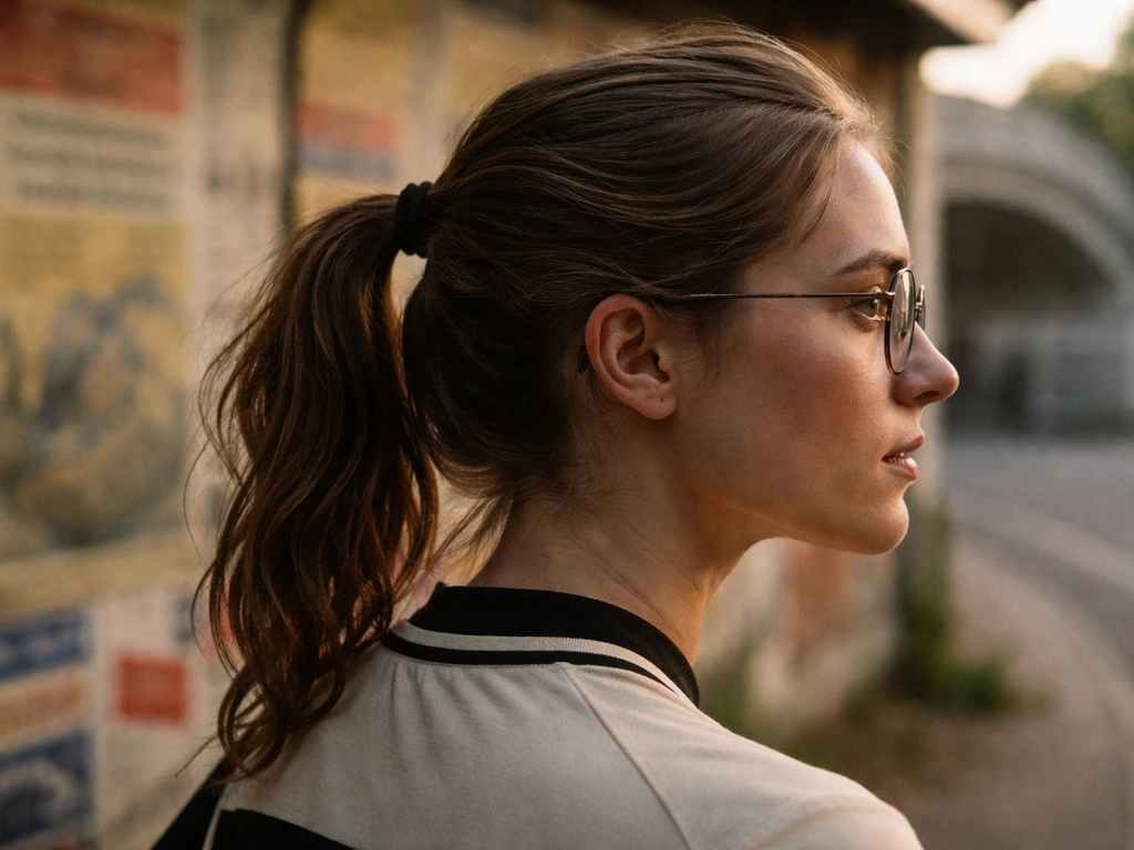 Close-up of a vintage French cycling endorsement scene with wire-rimmed glasses and ponytail-like hair