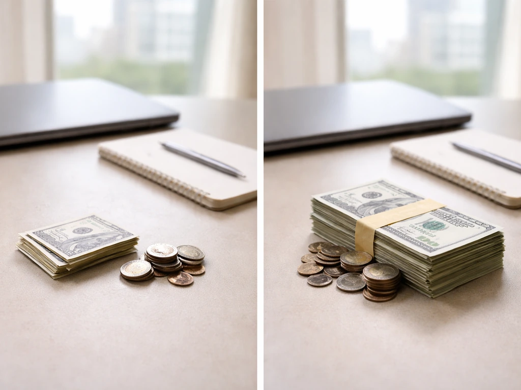 Minimal split-screen showing anonymous office desk with two different money piles under soft light