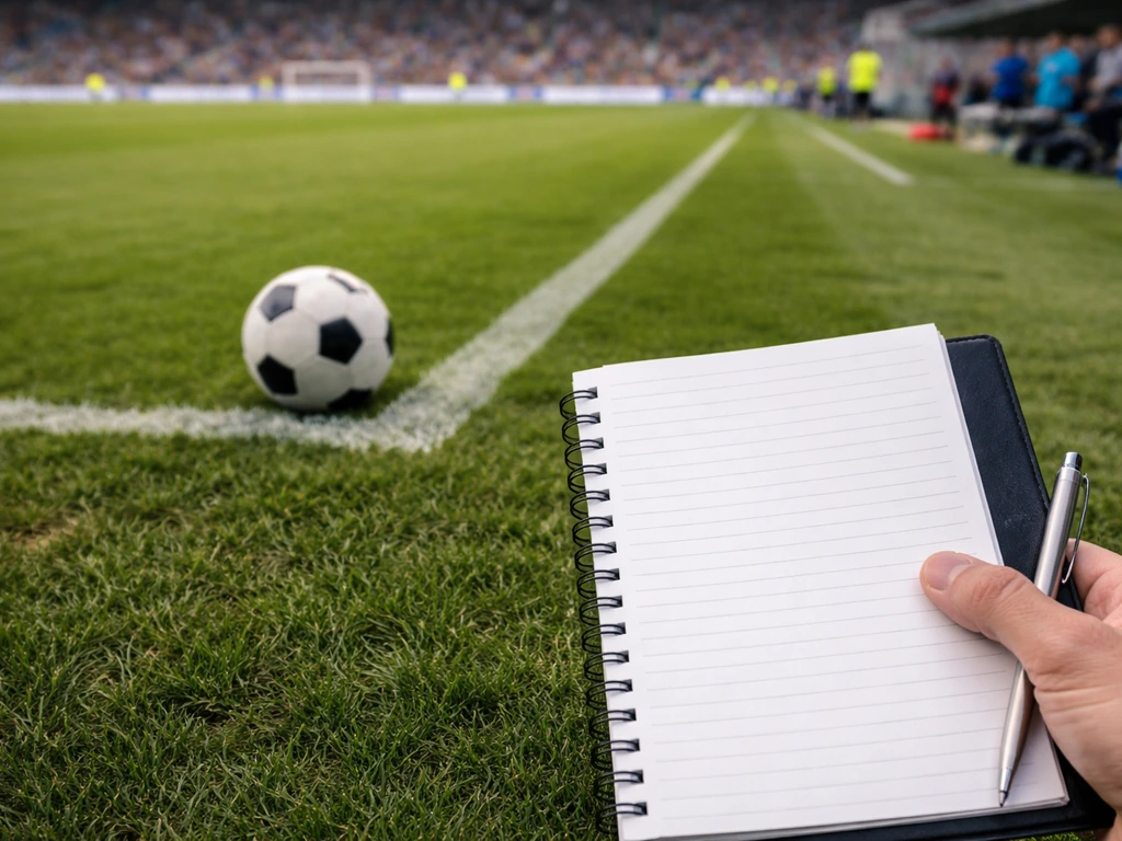 Close-up of a football on the pitch with a blurred stadium background and a blank coaching notebook.