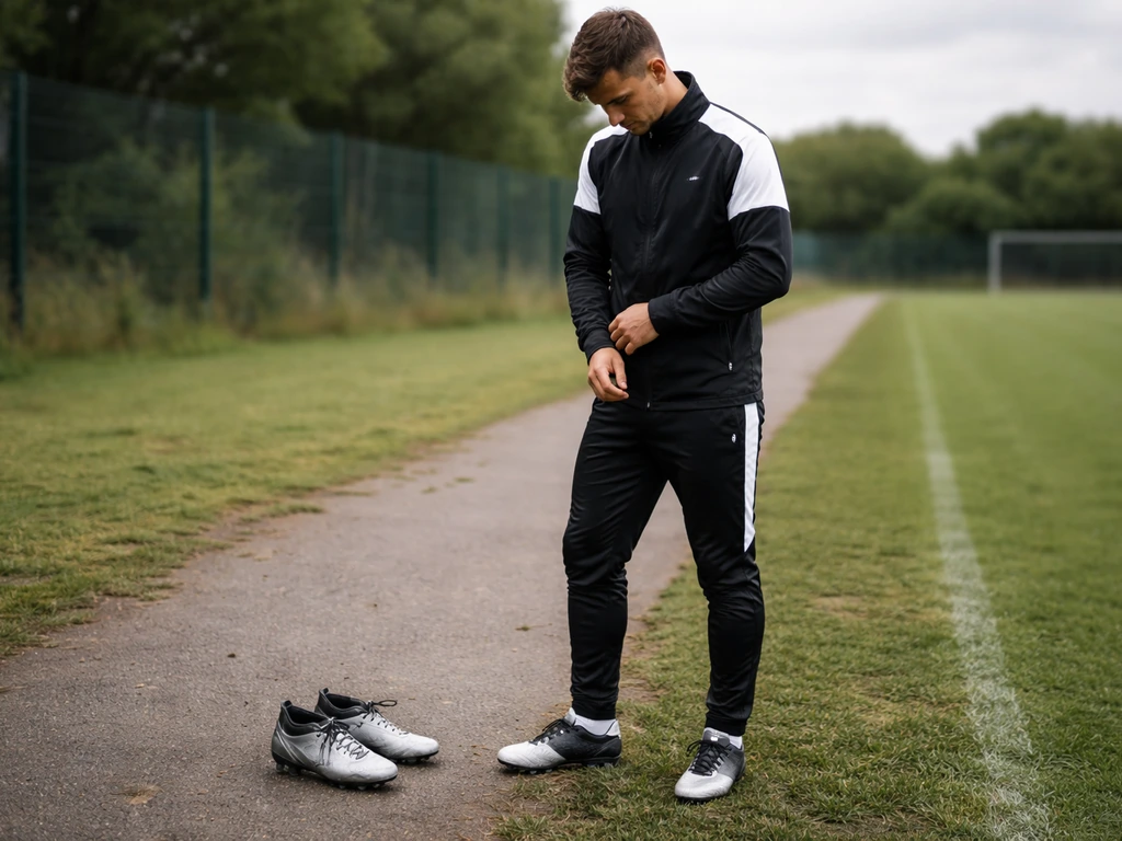 Anonymous footballer in training gear and cleats, posed near boots in a minimal outdoor field setting.