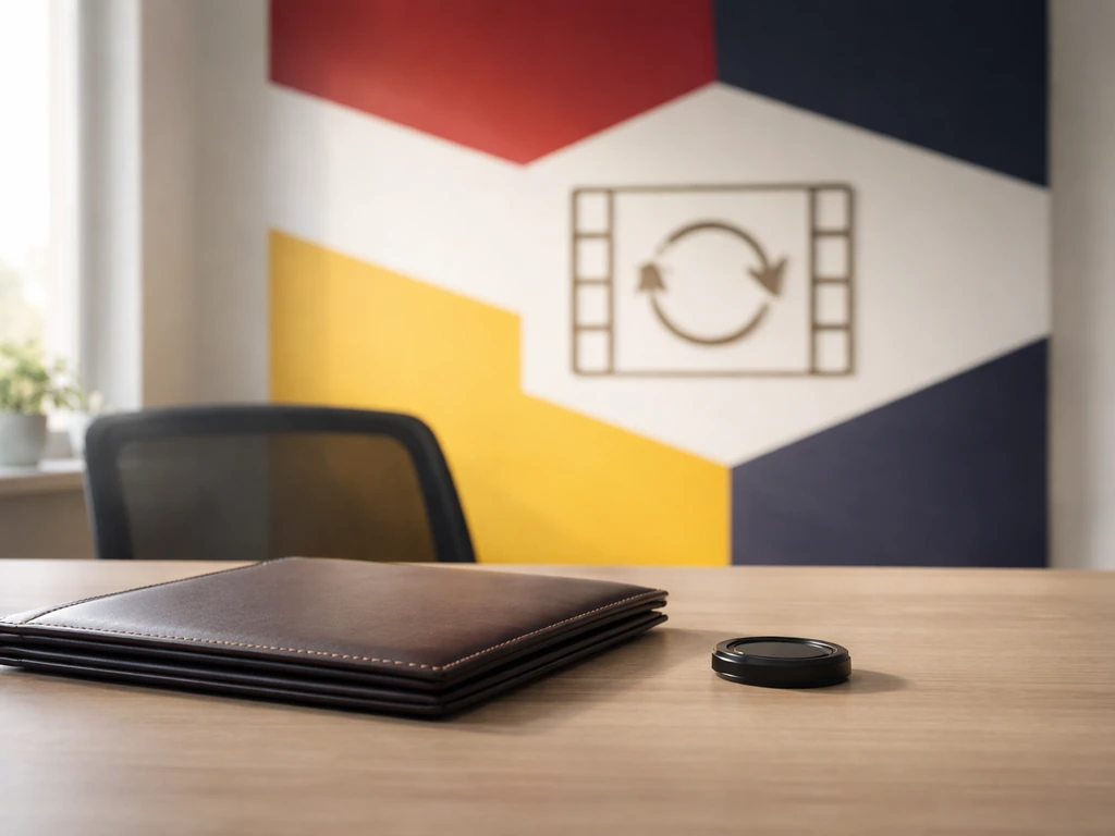 Minimal office scene with a blurred binder and a camera film-rights icon symbolism in the background