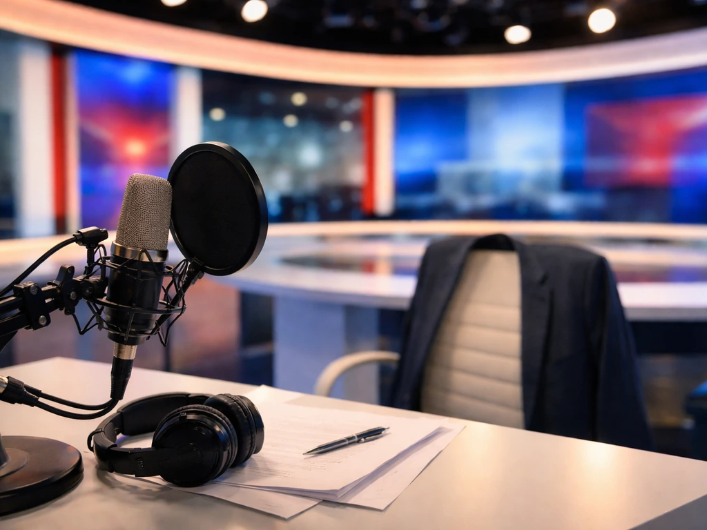 TV studio desk with microphone and soft lights, suggesting a presenter without showing any person.