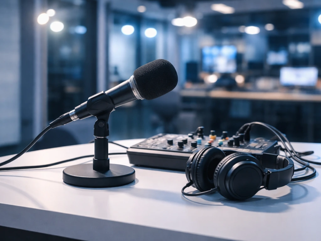 Broadcast studio desk with microphone and headset, blurred TV control room in the background.