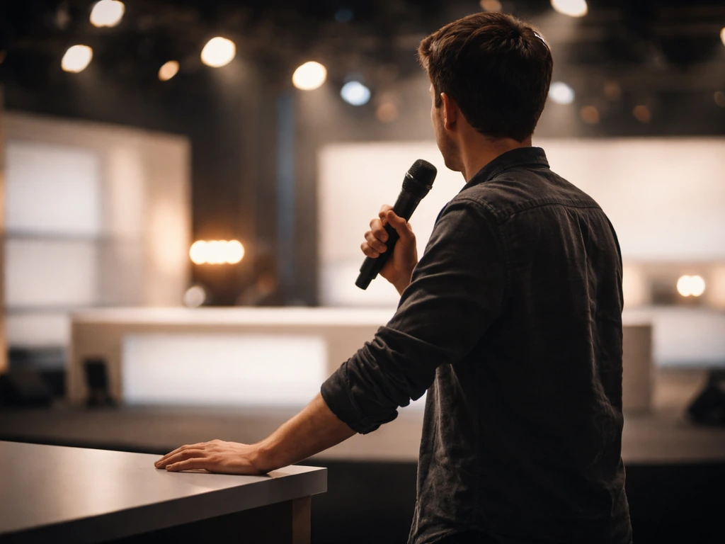 Anonymous TV studio host-like figure holding a microphone in a brightly lit broadcast setting