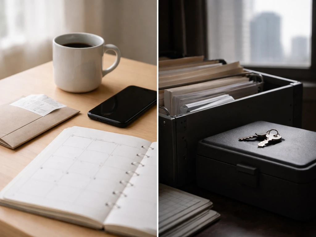 Two-panel photo: visible lifestyle spending on one desk and hidden liabilities/investments in a dim filing-safe scene