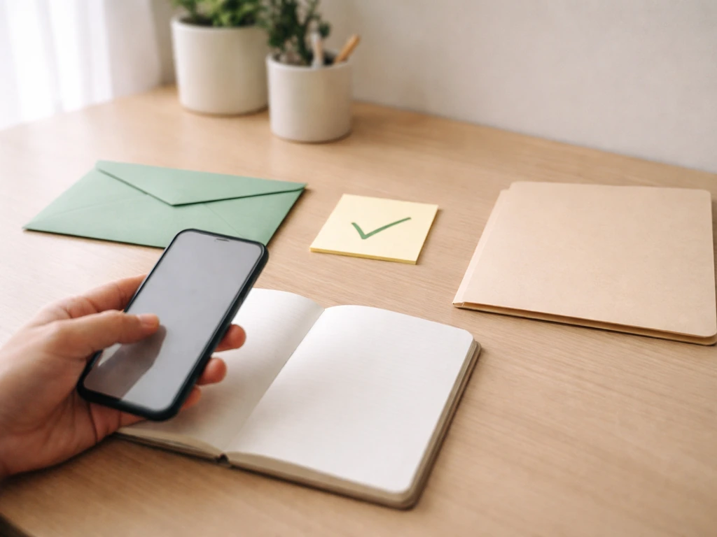 Minimal desk scene with notebook and smartphone showing sourced vs unsourced indicators, no readable text.