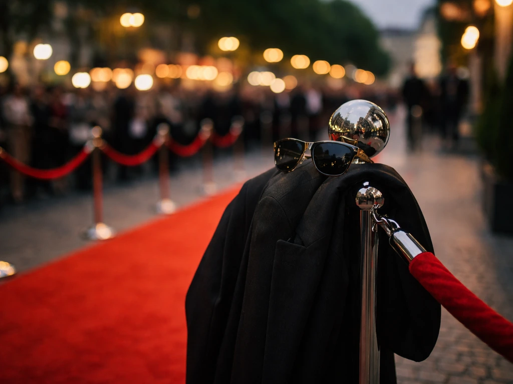 Red carpet event scene with velvet rope and luxury items, symbolizing fame and wealth.