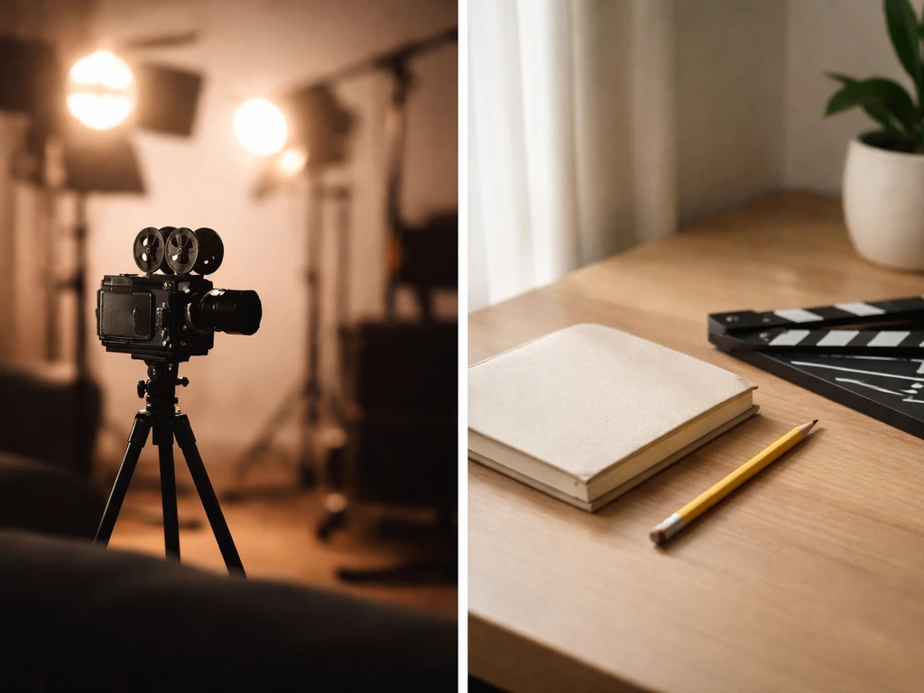 Minimal split scene: vintage movie camera for acting fees, notebook and pencil for writing/directing income