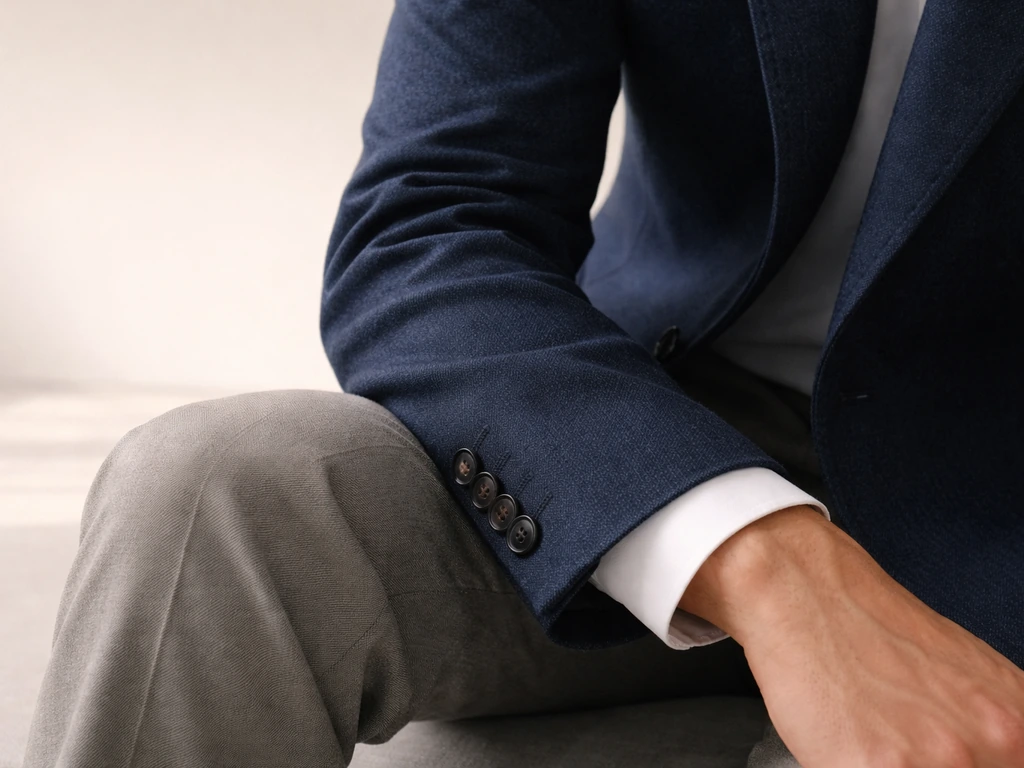 Closeup of a tailored navy blazer on a minimal light surface, luxury fashion campaign mood.
