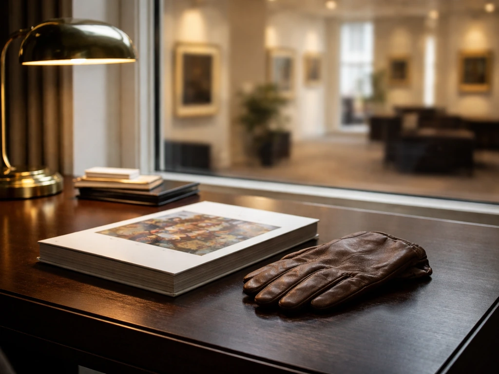 Minimal art auction office desk with catalog and gloves, soft light, blurred gallery interior in background