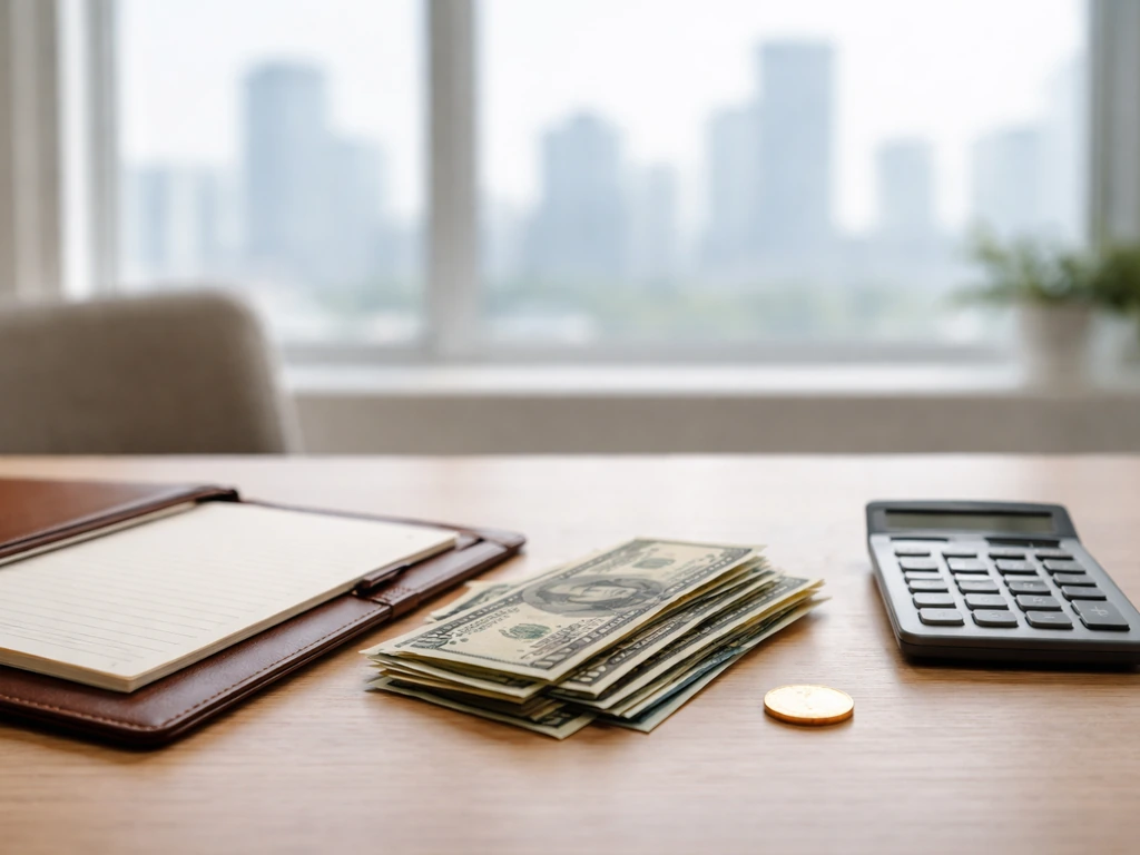Minimal photo of a desk with scattered cash and a blurred city skyline, symbolizing estimated net worth range.