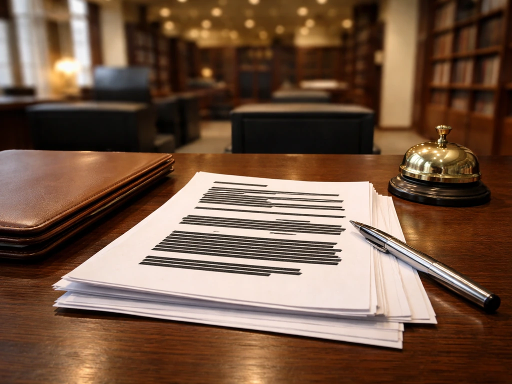 Close-up of auction-house office desk with redacted documents and pen, suggesting executive compensation research