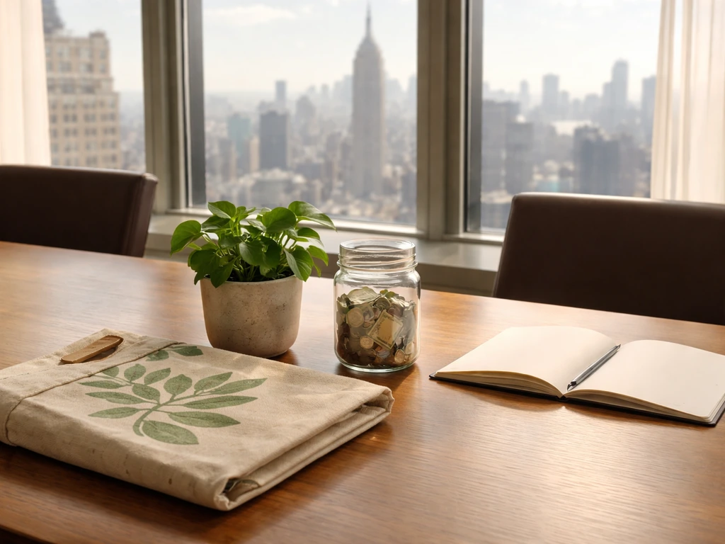 Minimal New York boardroom scene with large windows, potted plant, and conservation-themed materials.