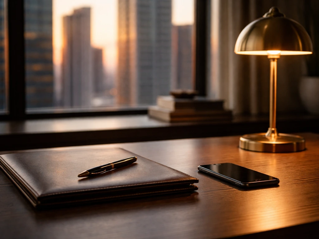 Minimal luxury office desk with pen and portfolio, warm light, suggesting executive wealth drivers