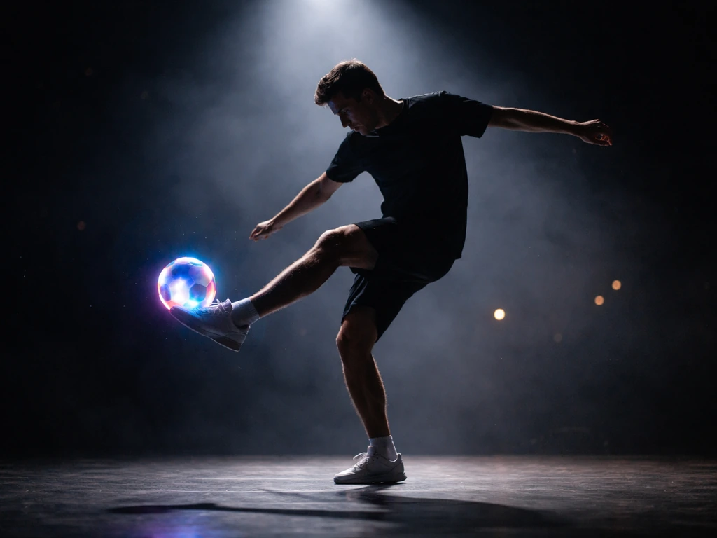 Anonymous freestyle footballer on stage controlling the ball mid-trick under soft spotlight.