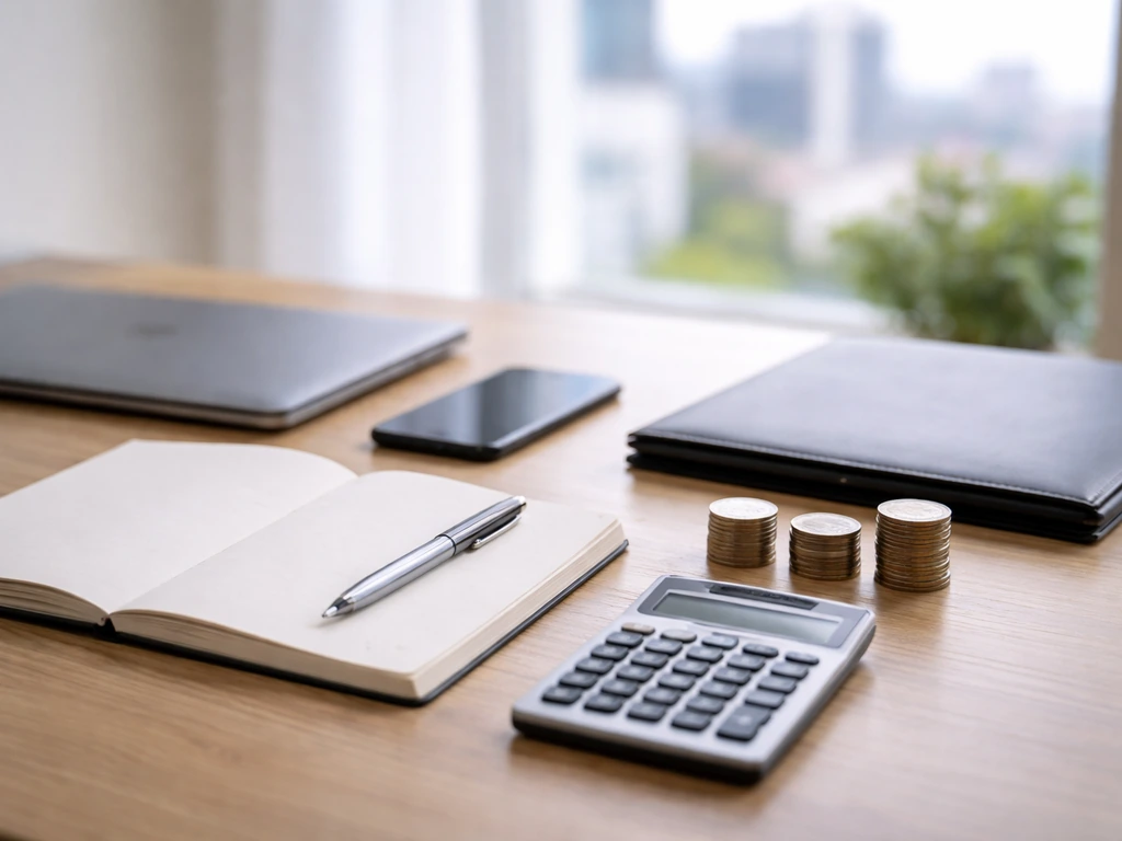 Minimal desk with calculator and coins symbolizing layered income and fee inputs for an estimate.