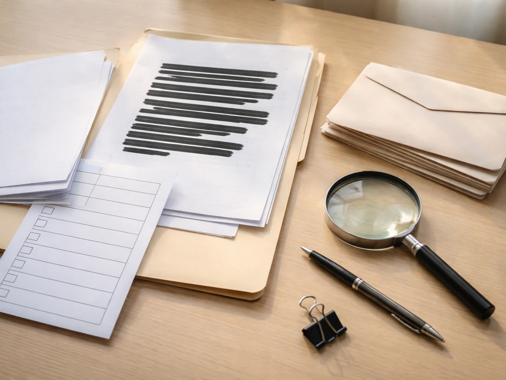 Desk papers with redaction, blank checklist, and magnifying glass symbolizing document verification.